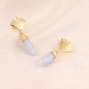 Boucles d'oreilles pendantes en agate bleue naturelle vintage de Bohème faites à la main en plaqué or pour - Product Image 3