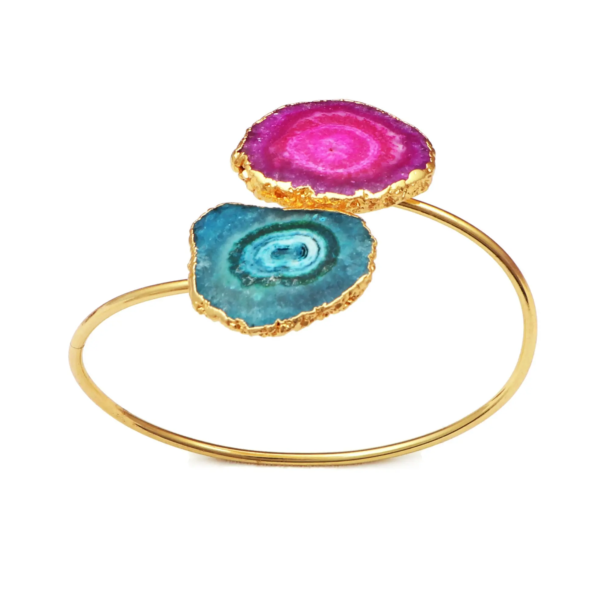 Einzigartiges Edelstein-Design Natürlicher rosa/himmelblauer Solar quarz Gold Galvani sierter hand gefertigter verstellbarer Armreifen minimalisti scher Schmuck