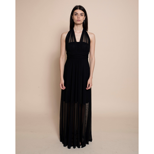 Robe longue de qualité italienne supérieure en tulle, à épaules dénudées, avec longues bandes à nouer au cou, pour soirée. - Product Image 5