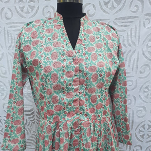 ชุดเดรสผ้าฝ้ายพิมพ์ลายบล็อกสั่งทำขายส่ง พร้อมเสื้อเชิ้ตติดกระดุม ทรงเอไลน์จีบแบบลำลองสำหรับผู้หญิง - Product Image 1