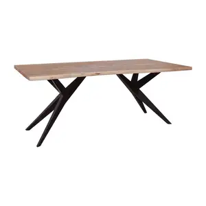 Iron And Wooden Industrial Dining Table Features Rectangular Mango & Acacia Wood Top And Angled Iron Base With Wood Stain