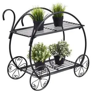 Garden Cart Stand Plant Holder 2 Tier Display Rack Heavy Duty Metal Home Decorative Plant Display