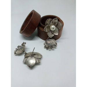 designer indian style fashion brass silver look alike hoop stud jhumka <b>earings</b> for women and girls - Product Image 4