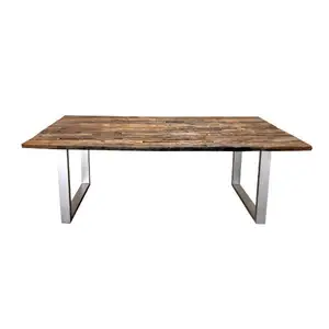 工业和复古印度铁金属和实心铁路轨枕U设计腿木质餐桌