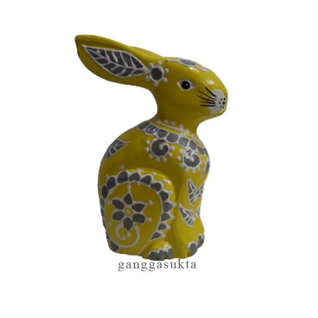 Home decoration Rabbit wood craft with painting motif yellow colors
