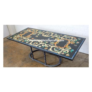 Haut de Table à manger fait à la main, avec incrustation de marbre noir Antique - Product Image 1