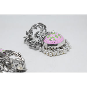 wholesale <b>fashion</b> <b>jewellery</b> 2022 meenakari silver look alike brass flower stud jhumka hoop earing for girls and women - Product Image 4