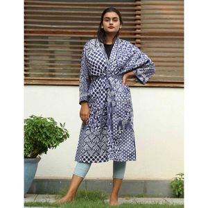 Kimono long en coton indien à imprimé floral de style bohème Ceinture de vêtements pour femmes Vacances Gypsy Chic Sexy Bohème Cover Ups Robe Coton - Product Image 1