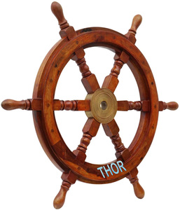 Nautical Round Wood and Brass Decorative <b>Ship</b> <b>Wheel</b> 12" <b>Wheels</b> Pirate <b>Ships</b> Boat Brown Polished Wall Home Decor - Product Image 2