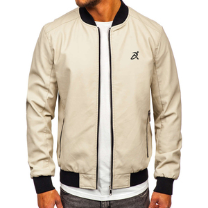 Chaqueta de bombardero de cuero de poliéster 100% personalizada para hombre, beige con cuello levantado acanalado, piel de vaca para el invierno - Product Image 3