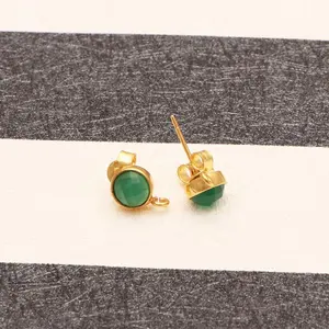 格子切割圆形绿色玛瑙宝石耳钉镀金批发黄铜饰品手工发现连接器耳环