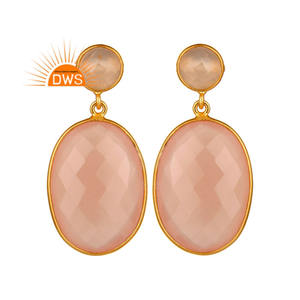 Rose Chalcedony Gemstone Statement Earring Silver Gold Plated Dangle Drop Designer Earrings Jewelry Manufacturer - Product Image 1