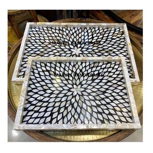 Plateau de service pour décor de maison EID, artisanal en bois, luxueux, mère de la perle, ustensiles de cuisine, plateau arabe pour RAMADAN - Product Image 1