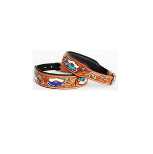 Highest Quality Hand Made 100% Cow Leather Soft Padded Dog <b>Collar</b> With Colorful Floral Embossed Design Indian Manufacturer - Product Image 3