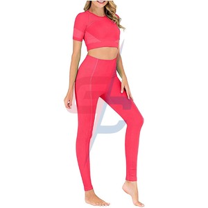 <b>Womens</b> High Waist Stripe Seamless Yoga Pants <b>Leggings</b> Athletic Short Sleeve Yoga Gym <b>Crop</b> Top Compression Workout Tee Supplier - Product Image 1