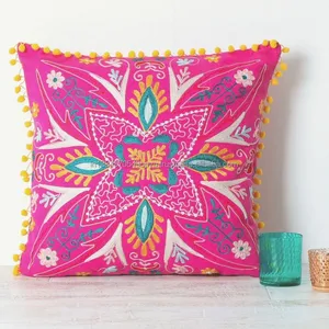 Top Quality High Precision Pink Embroidered Square Luxury Cushion Cover For Home Bedding Bohemian 100% Cotton Throw Pillow Case