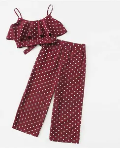 Polka Dot fırfır kırpma üst ve pantolon için kadın 2019 yaz Boho kolsuz plaj kadın giyim iki parçalı Set