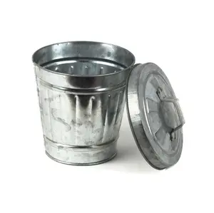 Iron Trash Bin With Lid Round Shape Handmade Wholesale Waste Bin Garden Ware Inexpensive Simple Plain Galvanize Waste Bucket