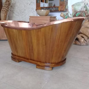 Bañera de cobre martillado con bañera de madera de teca Bali - Product Image 3