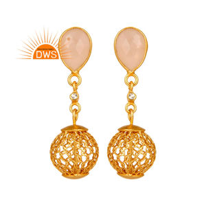 Pendientes colgantes de cadena de plata de ley Vermeil de oro de 14K, pendientes de Calcedonia rosa, joyería de piedras preciosas, venta al por mayor, Colección clásica - Product Image 1