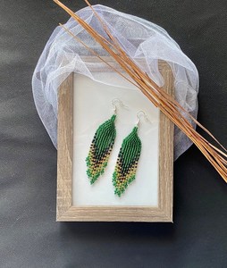 <b>Green</b> and Gold Beaded <b>Earrings</b> / Seed Bead <b>Earrings</b> / Beaded Fringe <b>Earrings</b> - Product Image 1