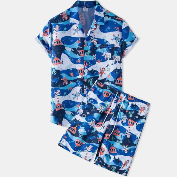 Yaz koleksiyonu kısa kollu gömlek takım elbise erkekler moda çiçek baskı Hawaiian gömlek + plaj şortu rahat plaj giyim setleri