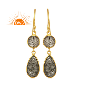 Nuevo diseñador de plata esterlina 18K chapado en oro Natural negro rutilo piedra preciosa colgante pendiente joyería fabricante - Product Image 1