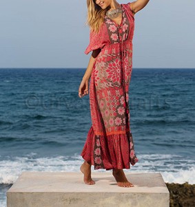 Elegant Saree Dress Long Maxi - V-Neck Floral Chiffon