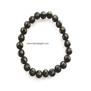 Cuentas de piedra de ónix negro natural con Om Mani Padma grabado Hum Crystal Reiki pulseras curativas