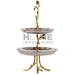 Soporte Decorativo de Metal con Ramas Florales de 2 Niveles en Dorado con Placas de Acero Inoxidable, Herramientas para Repostería, Base Redonda Brillante y Pulida - Product Image 5