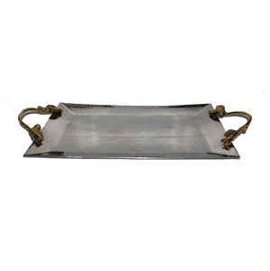 Plateau de service indien fait à la main de forme rectangulaire orné de brillant et lisse plaqué argent avec des poignées dorées plateau de service - Product Image 6