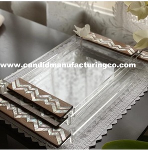 Plateau en acrylique, plateau en nacre, incrustation en bois, plateau de service en bois d'acacia avec incrustation en nacre - Product Image 5