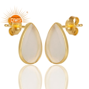 Drop Shape White <b>Moonstone</b> Stud Earrings 14k Gold Plated Jewelry 925 Silver Designer Stud Earrings Suppliers - Product Image 2