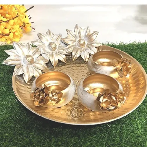 Real METAL LOTUS URLI-cuenco para velas de flores flotantes, dorado con a juego, DIYA DIWALI, decoración del hogar, artículo de regalo