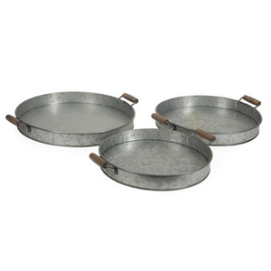 Elegant Galvanized <b>Round</b> Metal <b>Tray</b> with Wooden Handles for Serving - Product Image 1