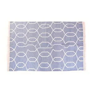 Luxe Huishoudelijke Katoenen Geweven Tapijt Slaapkamer Kamer Lange Kwast Tapijt Decoratieve Anti Slip Mat Top Verkoop Indian Volwassen Abstract Blauw