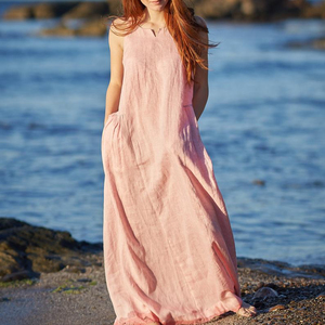 Ningún Otro Vestido Puede Suplantarle al Tuyo: Vestidos de Princesa 100% Lino Color Rosa Claro Sin Mangas Largo Hasta el Suelo con Cuello Redondo - Product Image 1