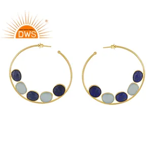 Yellow Gold Plated 925 Silver Designer Hoop Earrings Jewelry Supplier Lapis and Aqua Chalcedony Gemstone Earrings Wholesale