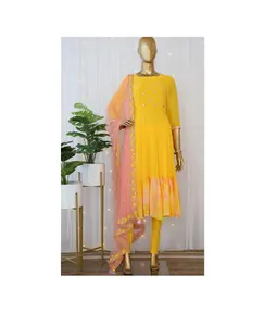 पीला मिरर के साथ काम अनारकली ड्रेस Nazeen दुपट्टा तैयार पहनने के लिए पोशाक के लिए महिलाओं