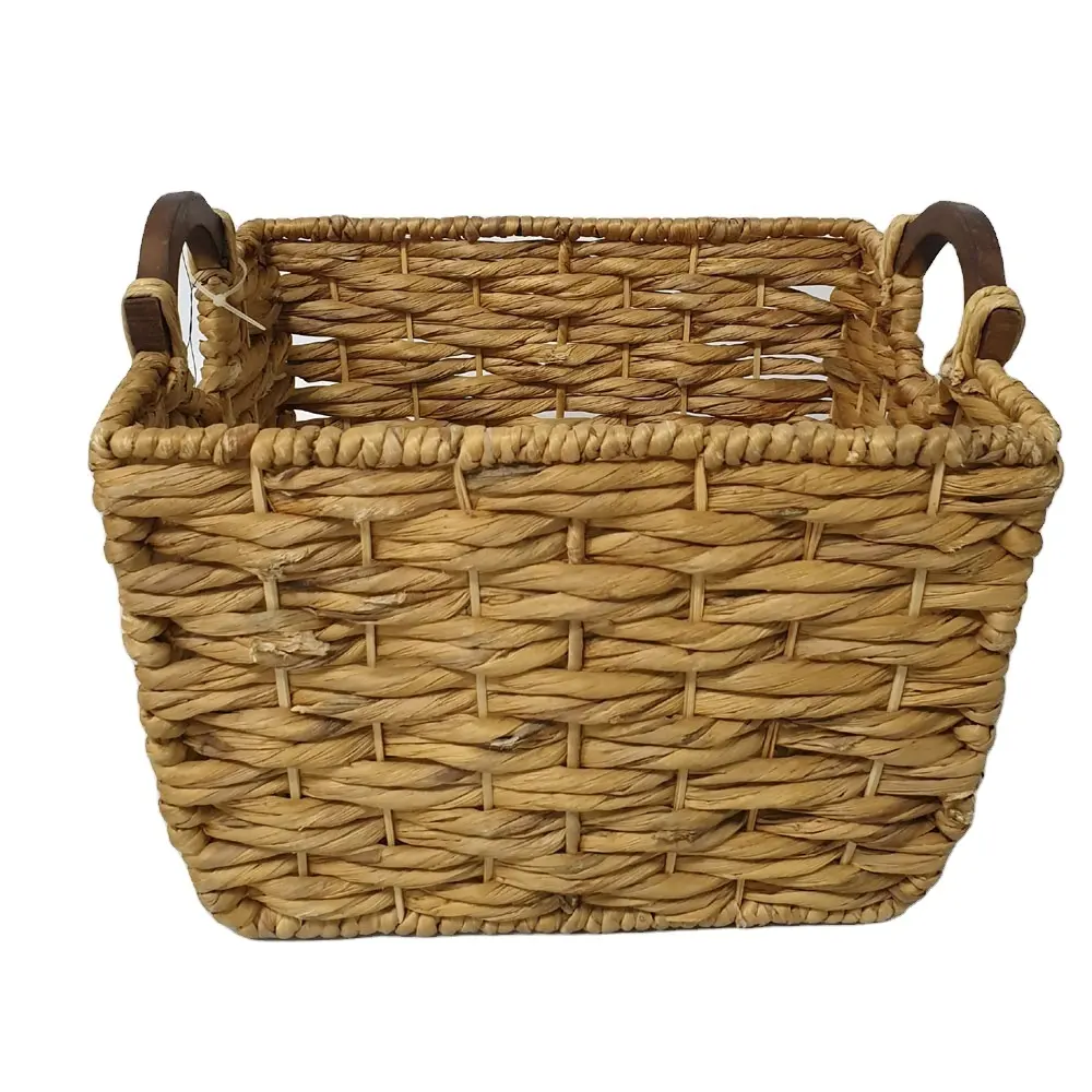 Wholesale home decor vietnam craft rectangular twisted water hyacinth wicker basket handles High quality