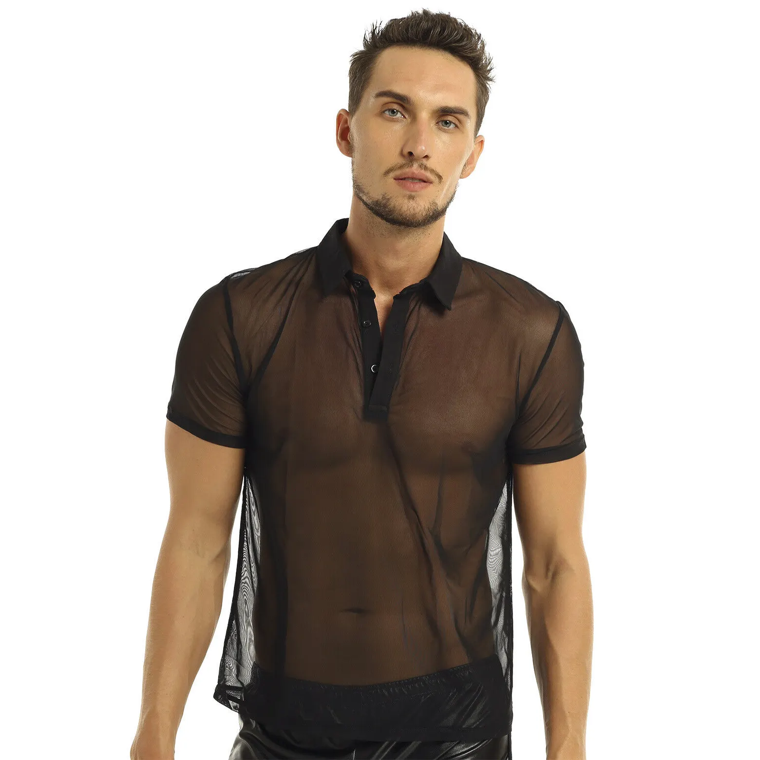 Erkekler örgü See-Through uzun kollu gömlek Tops şeffaf gömlek kolsuz tişört seksi erkek transparan sırf ince kazak clubwear