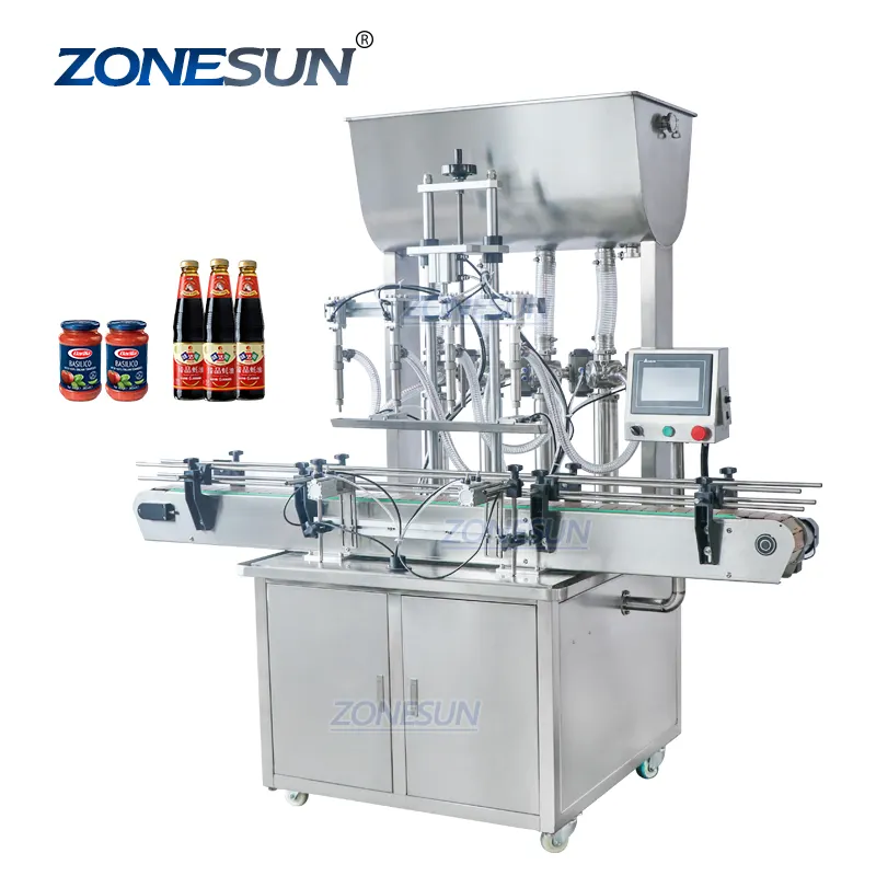 ZONESUN ZS-YT4T-4P Automatic Honey Pneumatic Jam Fruit Juice Ketchup Peanut Butter Paste 4 Heads Bottle Filling Machine Line