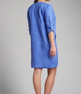 Robe chemise en lin bleu pour femme, col en V, manches trois quarts, longueur midi, coupe ample, formelle, unie, été, avec poches, doublure en coton - Product Image 4