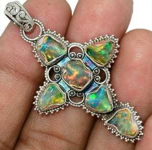 โอปอลเอธิโอเปียน925หยาบสีเงินสเตอริงจี้อัญมณีธรรมชาติ - Product Image 1