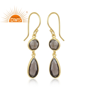 Boucles d'oreilles pendantes tendance en argent sterling plaqué or de haute qualité avec quartz fumé naturel pour femme, collection 2026 - Product Image 2
