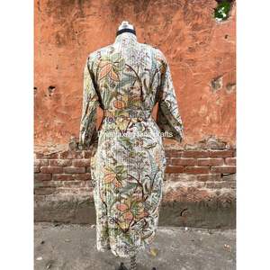 Vestido Maxi de Algodón Indio Hecho a Mano para Mujer, Estilo Kimono, Acolchado Kantha, Estampado, Talla Grande, Tejido Térmico para Primavera - Product Image 4