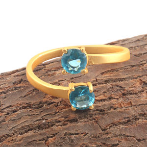 Bijoux fantaisie minuscule rond quartz bleu suisse double pierre réglable déclaration anneau plaqué or terne broche ensemble avant anneaux ouverts - Product Image 3