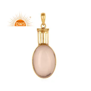 Yellow Gold Plated Rose Quartz Pendant Natural Gemstone Jewelry Wholesale Brass Fashion Pendant - Product Image 1