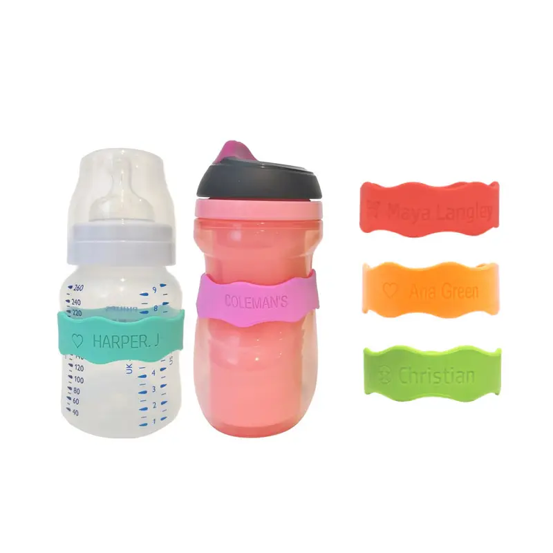 Toptan özel kabartmalı logo emniyet silikon bebek şişeleri etiket bantları