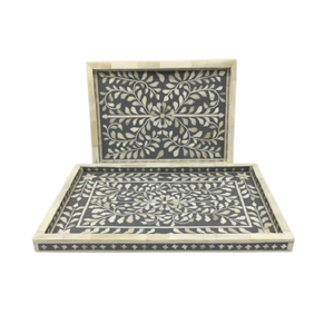 Plateau de service en bois et os incrustés, lot de 2 tailles différentes, pour thé et café, fabriqué en Inde - Product Image 2